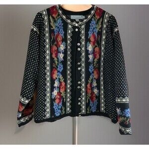 Icelandic Design Wool Cardigan Sweater Women's Large Black Floral 100% Wool VTG